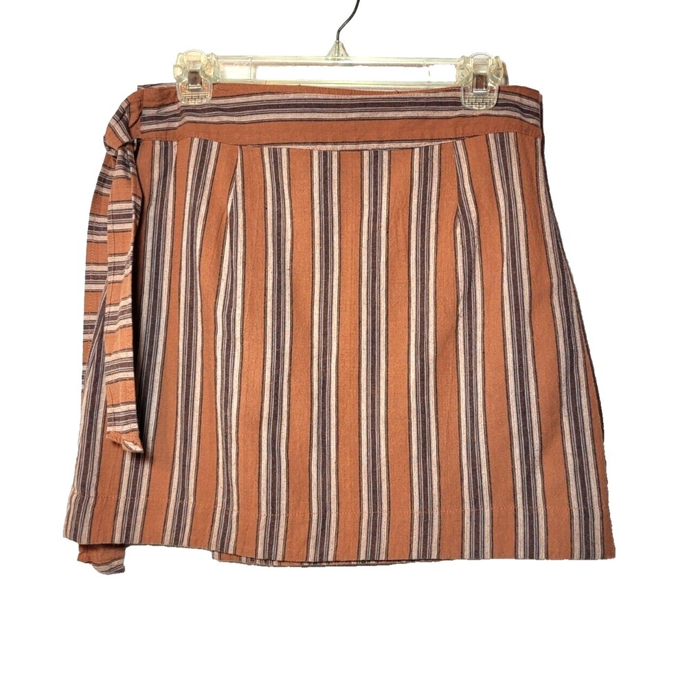 Kindle Brown Stripe Wrap 100% Cotton Short Skirt Tie‎ Waist Size Medium Preppy